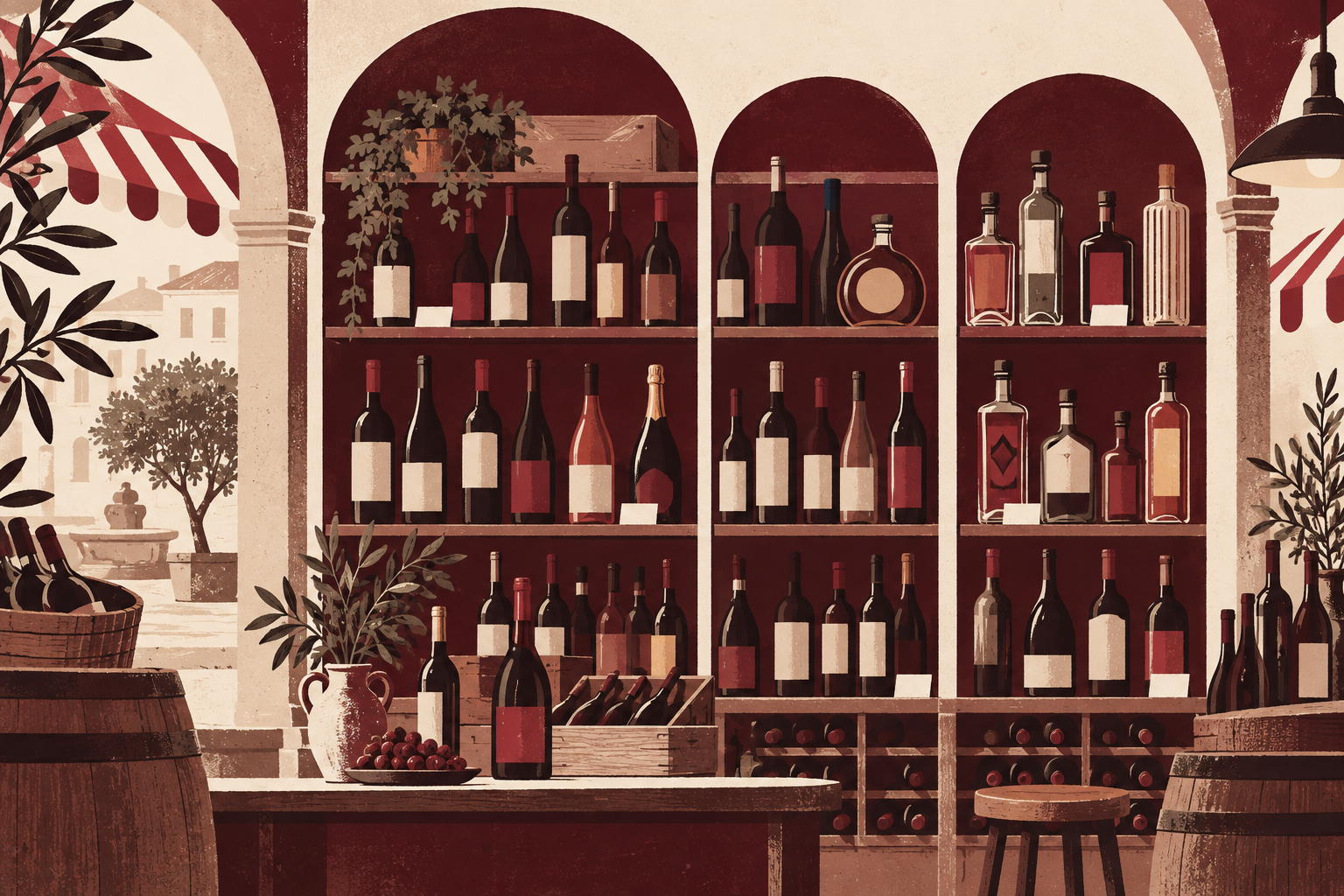 Illustrative editorial drawing of unbranded wine bottles on shelves beside a quiet plaza storefront